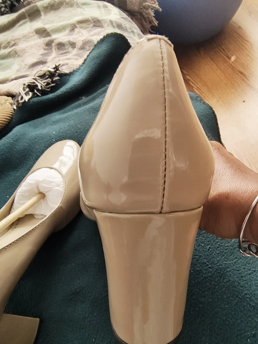 Adrienne Vittadini Patent Leather Round-Toe in Light Beige Block Pumps